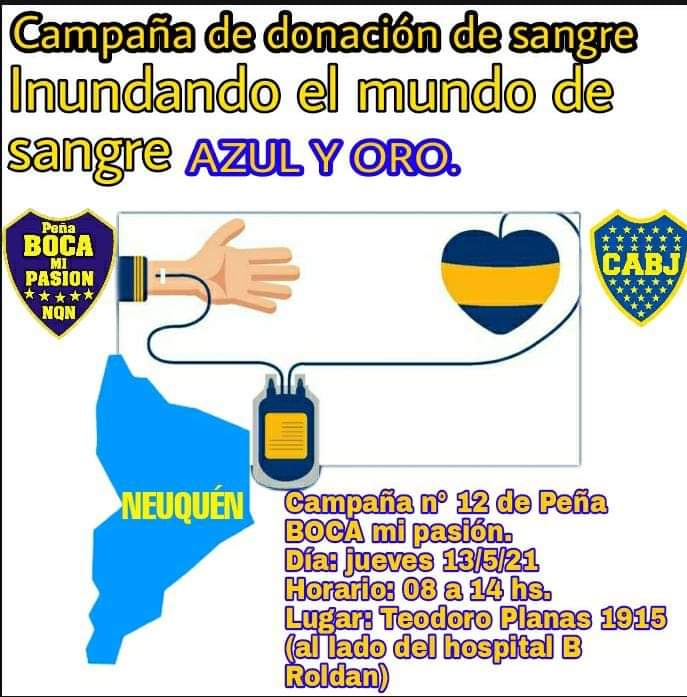 BocamipasionNQN's tweet photo. Muy buen dia familia xeneize, hoy se arranca tempranito una vez más nuestra campaña de donación de sangre N°12, los esperamos y no se olviden que donar sangre salva vidas, que tengan un maravilloso día!
#PBMP #Neuquén #BocaJuniors 
@BocaIntyExt @CarlosColomboOk https://t.co/1F0jt2Kyim