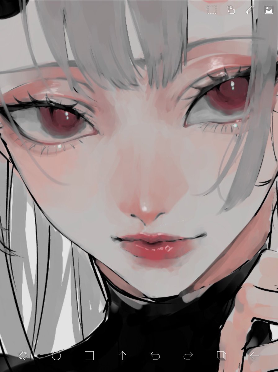 1girl solo red eyes looking at viewer portrait closed mouth grey hair  illustration images