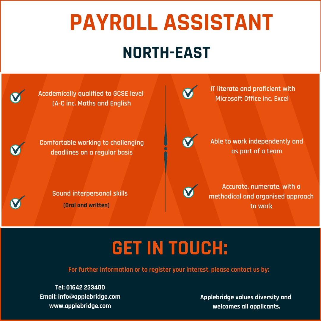 📢NEW VACANCY: Payroll Assistant for the #ApplebridgeFamily. 

* IT literate &amp; proficient with Microsoft Office
* Accurate, numerate, with a methodical approach to work.    
(MORE DETAILS BELOW) 

To apply, email: info@applebridge.com 

#applebridge  #payrolljobs #teesside #jobs