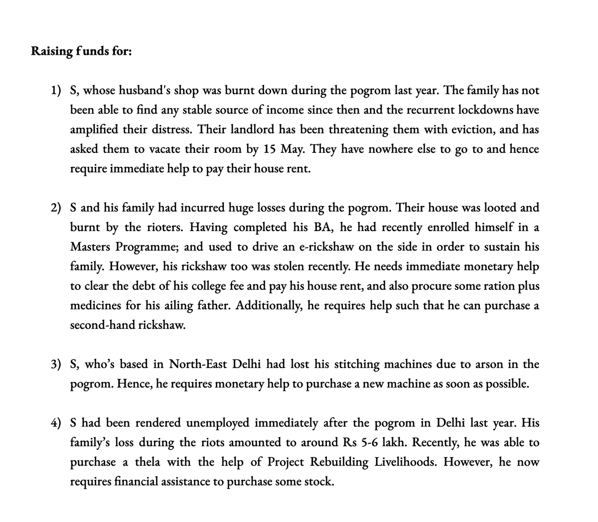 nidhichhamb's tweet photo. We are now raising funds for about 25 families who were victims of the pogrom in Delhi last year and require urgent help in order to sustain themselves through the current lockdown. Some of the profiles have been attached below: https://t.co/xKuANONYQ1