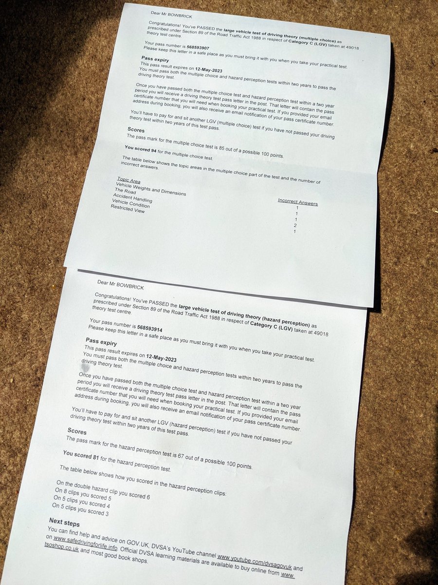 LGV theory passed ✅
Hazard perception = 81%
Theory = 94%

First step to training as an emergency driver for <a href="/Station_50/">Storrington FRS</a>

I never wanted to drive, I enjoy firefighting; and drive ambulances under emergency conditions. It'll help station availability though so I'm willing to help