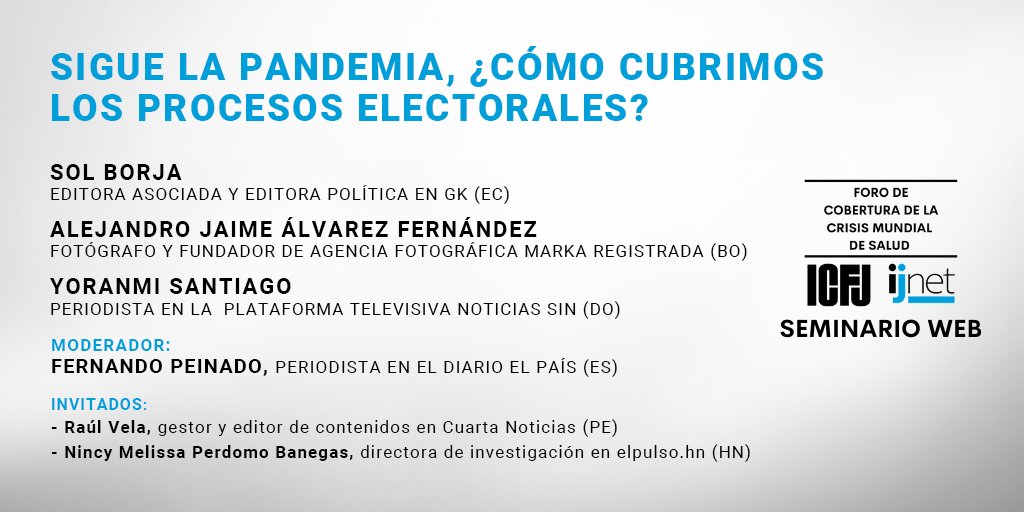 ijnetEs's tweet photo. ¡En minutos empezamos! ¿Qué es lo que hay que tener en cuenta para cubrir procesos electorales en plena pandemia? Únete a este webinario del #ForoGlobaldeSalud a partir de las 17:00 (GMT-4)
https://t.co/dvkXFwRyhS https://t.co/EuRH7weKOt