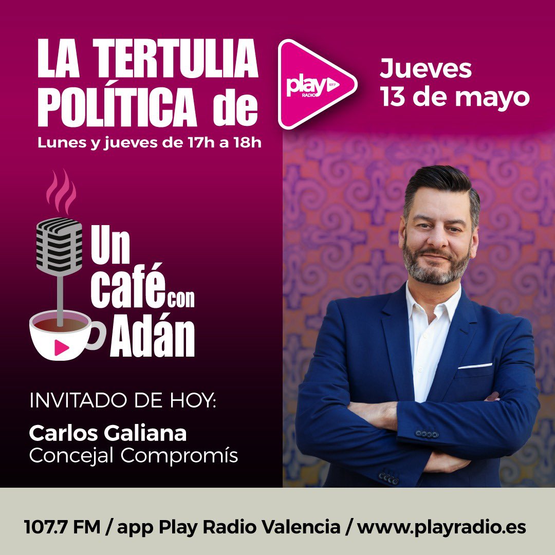 playradiovlc's tweet photo. UN CAFÉ CON ADÁN| 17h ☕️🎙

✅ Hoy se toma @uncafeconadan el concejal de @AjuntamentVLC @carlosgaliana 

@antonioadanpla1 @compromis @CompromisVLC #Fallas 

#LaRadioQueSienteValencia https://t.co/4tkvL1IxeX