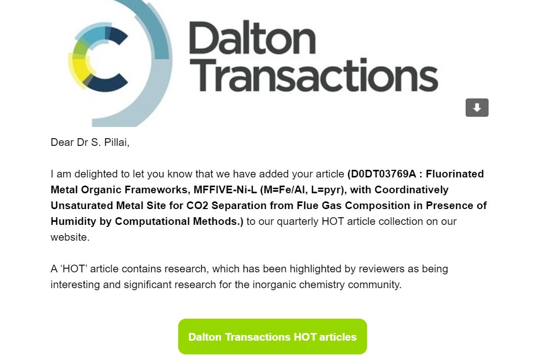 Fluorinated metal organic frameworks, MFFIVE-Ni-L (M = Fe/Al, L = pyr), with coordinatively unsaturated metal site for CO2 separation from flue gas in the presence of humidity by computational methods - now published in Dalton Transactions pubs.rsc.org/en/content/art…