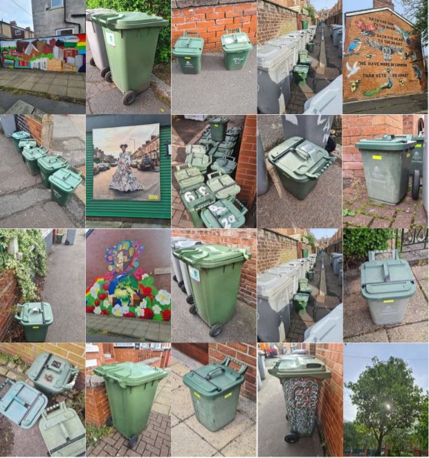 20 images of green bins and street art Around Old Trafford