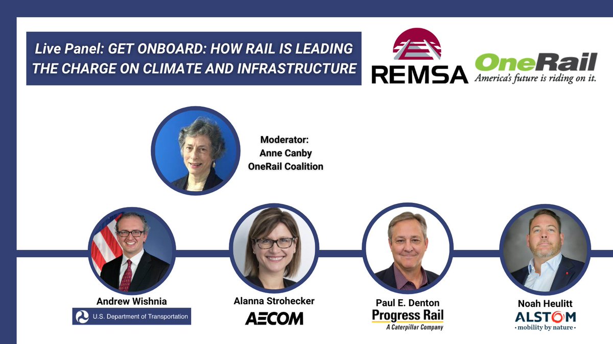 OneRailUSA's tweet image. TODAY AT 11 AM EDT, join our discussion with policymakers and rail industry suppliers, Get Onboard: How #Rail is Leading the Charge on Climate and #Infrastructure. Sign up: buff.ly/2Sbefqz #InfrastructureWeek2021 @REMSAOfficial @AECOM @ALSTOM @progressrail @USDOT