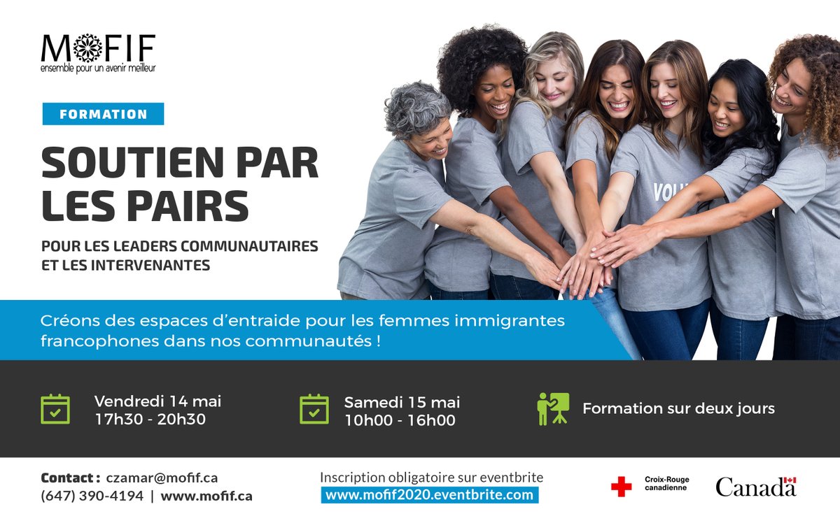 MOFIFONTARIO's tweet photo. Les 14 et 15 mai, formation "Soutien par les pairs" pour les leaders communautaires &amp; intervenantes qui souhaitent créer des espaces d’entraide pour les femmes immigrantes francophones au sein de leur communauté. Inscrivez-vous via https://t.co/9AXheGecUQ #MOFIF
@CroixRouge_Qc https://t.co/XUGLwCWbNG