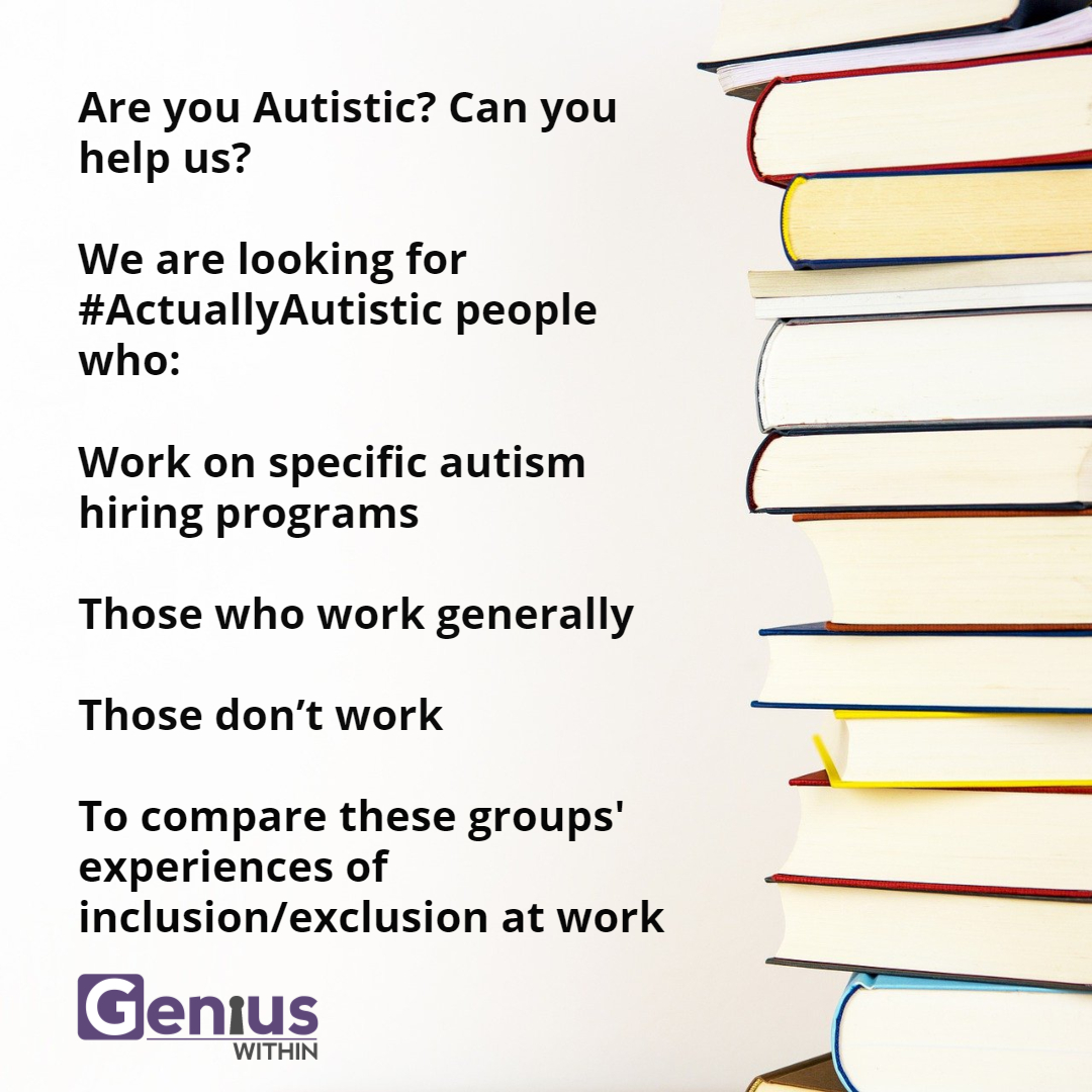 geniuswithinCIC's tweet image. Can you help us? We need #Autistic adults who work on specific autism hiring programs &amp;amp; those who work generally, or don’t work, to compare these groups&apos; experiences of inclusion/exclusion at work. It’s a short survey which you can take here:

bbk.qualtrics.com/jfe/form/SV_0w…