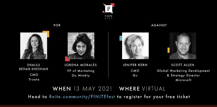 You’ve got half an hour to catch our brilliant marketing mind <a href="/moraleslorenasf/">Lorena Morales</a> argue why sales and #b2bmarketing should fall under a single #RevOps umbrella in a debate featuring <a href="/socialshallu/">Shallu Behar-Sheehan</a>, <a href="/Jenifer_Kern/">Jenifer Kern</a>, and <a href="/ScottAllenUK/">Scott Allen</a> !  Don’t miss it! 🔥🔥

Register for #FINITEfest