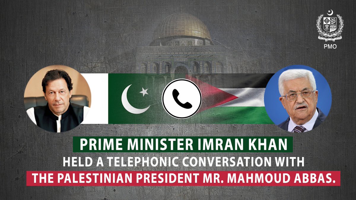 PakPMO's tweet photo. Prime Minister @ImranKhanPTI held a telephonic conversation with the Palestinian President Mr. Mahmoud Abbas today, to discuss the ongoing situation in #Palestine🇵🇸

#PalestinianLivesMatter https://t.co/LLXXIQcery