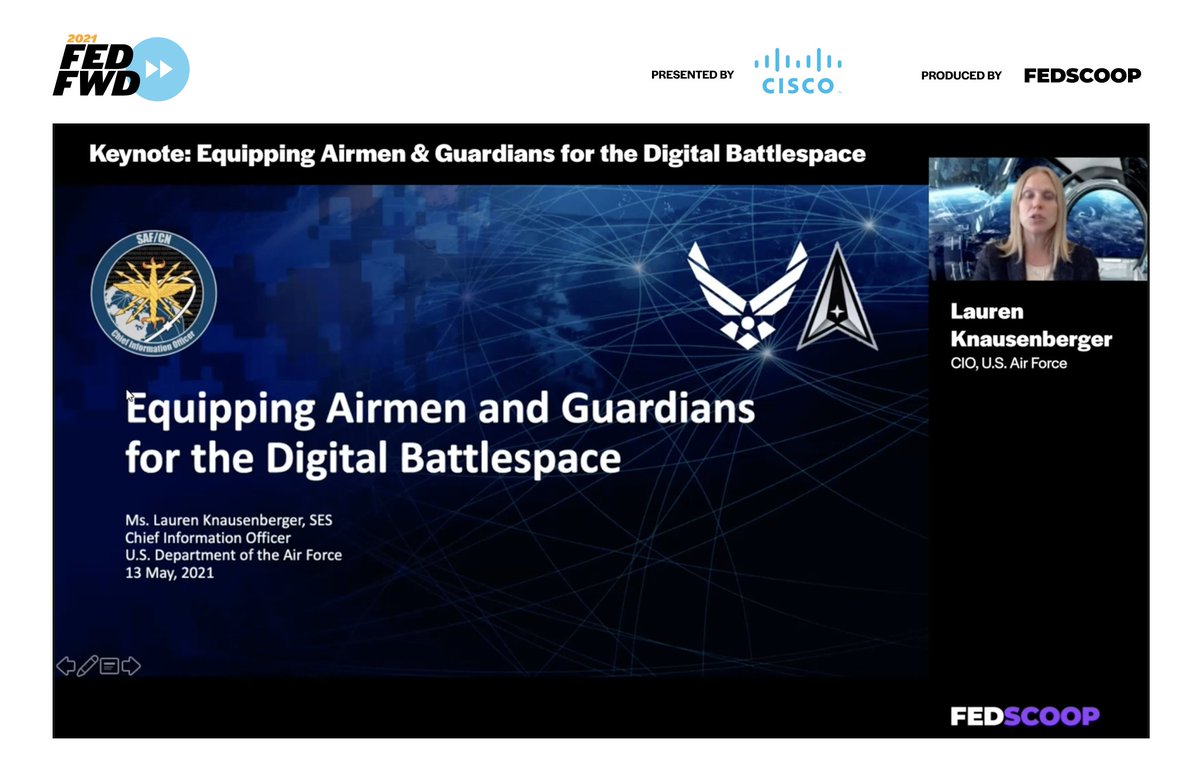 tashaklares's tweet photo. Now: Lauren. Knausenberger, CIO @usairforce talking about deploying forward capabilities and platforms at @Cisco #FedFWD Virtual Summit https://t.co/RjLTvmwRGF