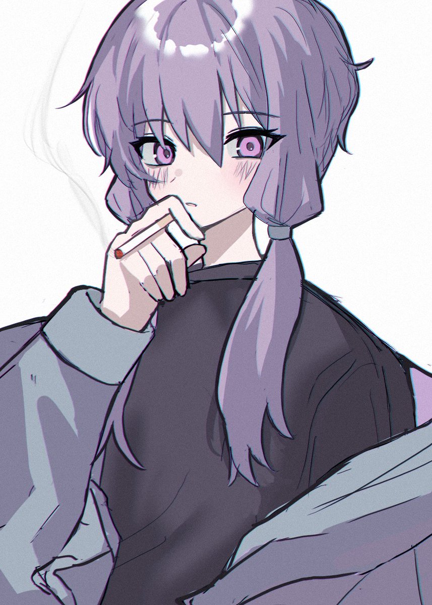 yuzuki yukari 1girl solo cigarette holding cigarette purple hair holding jacket  illustration images