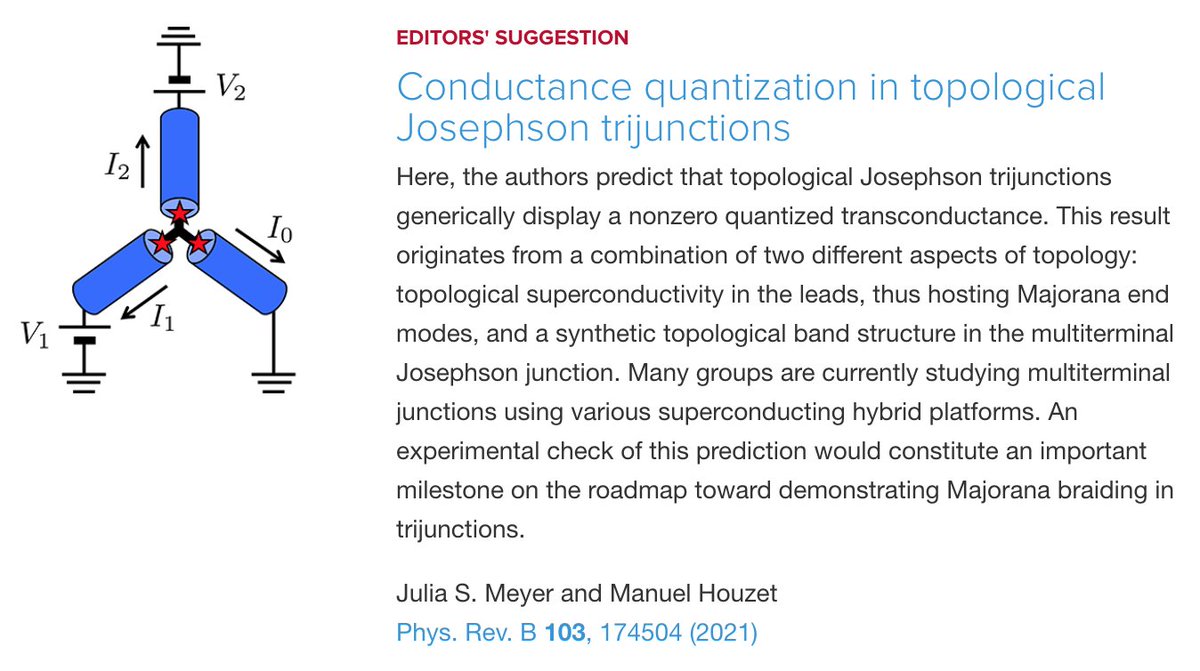 PhysRevB's tweet image. PRB Editors' Suggestion: Conductance quantization in #topological #Josephson #trijunctions

Julia S. Meyer and Manuel Houzet
Phys. Rev. B 103, 174504
#physics #condmat #EdSugg @APSPhysics

Article: go.aps.org/3eysLBr