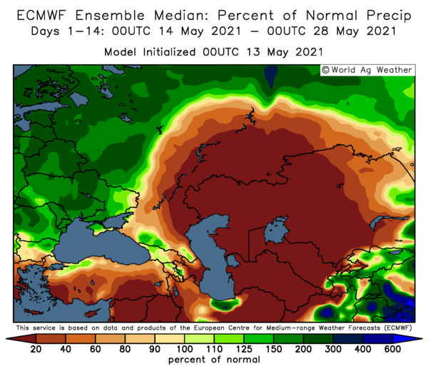 The weather in Ural and Volga will be abnormally hot (up to +30+34C) and dry in the next 2 weeks. Ural and the esatern part of Volga are ALREADY too dry and is going to be drier. Bad conditions, especially for spring crops.