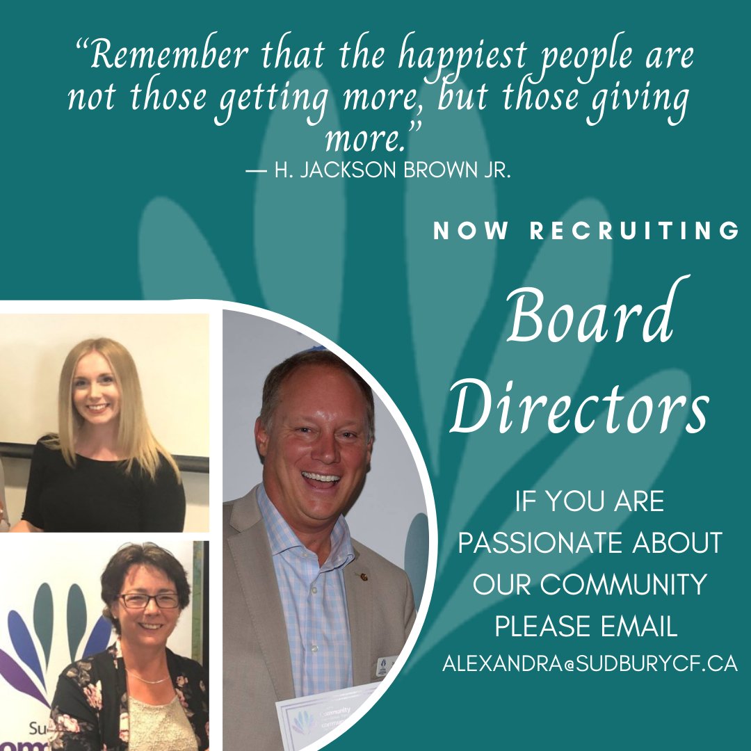 SCF is seeking Board members! Interested in making a difference in our community? 
SCF values diversity &amp; is committed to an inclusive and equitable workplace.
Please send your resume and a brief note about your dedication to Sudbury to Alexandra Curry ED alexandra@sudburycf.ca