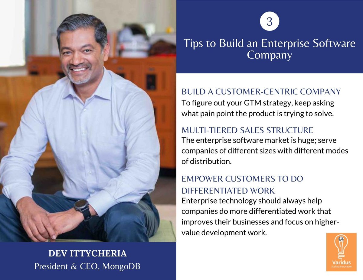 VaridusSG's tweet photo. Tips from the CEO of MongoDB, Dev Ittycheria, for any entrepreneur looking to build a software company today. #Varidus #MongoDB #Software #ThoughtLeader #Entrepreneur #Business #Tips #Advice https://t.co/jYHtSg0rrq