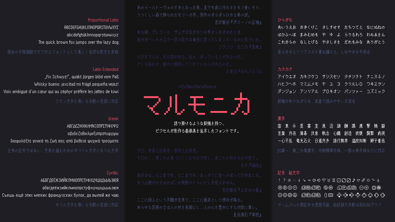 患者長ひっく ピクセルフォント マルモニカ をリリースしました 語り掛けるような抑揚を持つ ピクセルが形作る曲線美を追求した フォントです ダウンロードはこちらからどうぞ Booth T Co Pu1jbfesu7 X0y0pxfreefont T Co