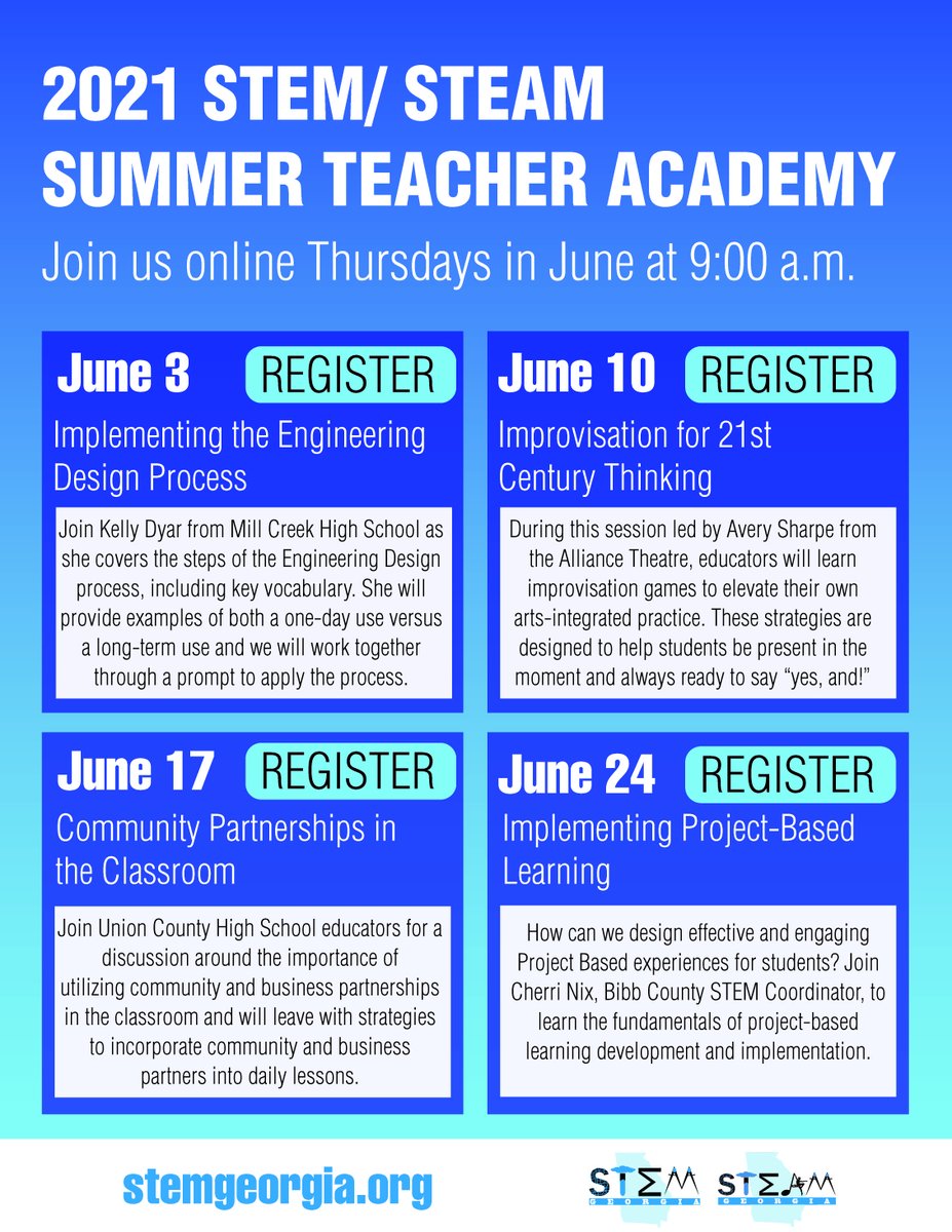 STEMGeorgia's tweet photo. Summer STEM and STEAM offerings are here!

Join us every Thursday in June for great sessions to rejuvenate and elevate your STEM/ STEAM practices this summer. 

Registration now open:

https://t.co/g2oYiMi1ip https://t.co/3913b0Snoy