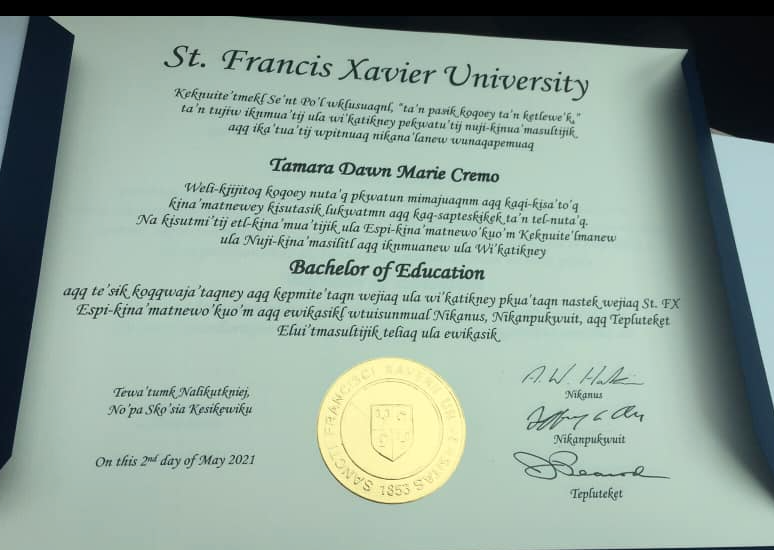 For the first time this year, and henceforward, all <a href="/stfxuniversity/">StFX University</a> graduates will receive 2 parchments: Latin and Mi'kmaw, to recognize and honour that we are in Mi'kma'ki, the unceded territory of Mi'kmaw people. Celebrating my goddaughter who can hang a degree in her language!