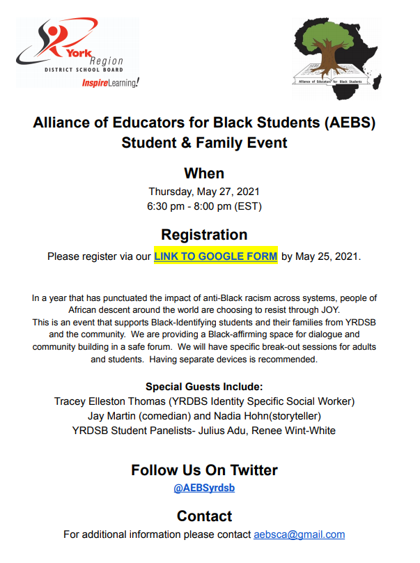 @AEBSyrdsb (@aebsyrdsb) on Twitter photo <a href="/AEBSyrdsb/">@AEBSyrdsb</a> Student & Family event takes place on May 27th 630-8p EST. Providing a Black affirm space for dialogue & community building.
Please register here by May 25th”
docs.google.com/forms/d/e/1FAI…
More info: aebsca@gmail.com <a href="/AEBSyrdsb/">@AEBSyrdsb</a> Student & Family event takes place on May 27th 630-8p EST. Providing a Black affirm space for dialogue & community building.
Please register here by May 25th”
docs.google.com/forms/d/e/1FAI…
More info: aebsca@gmail.com