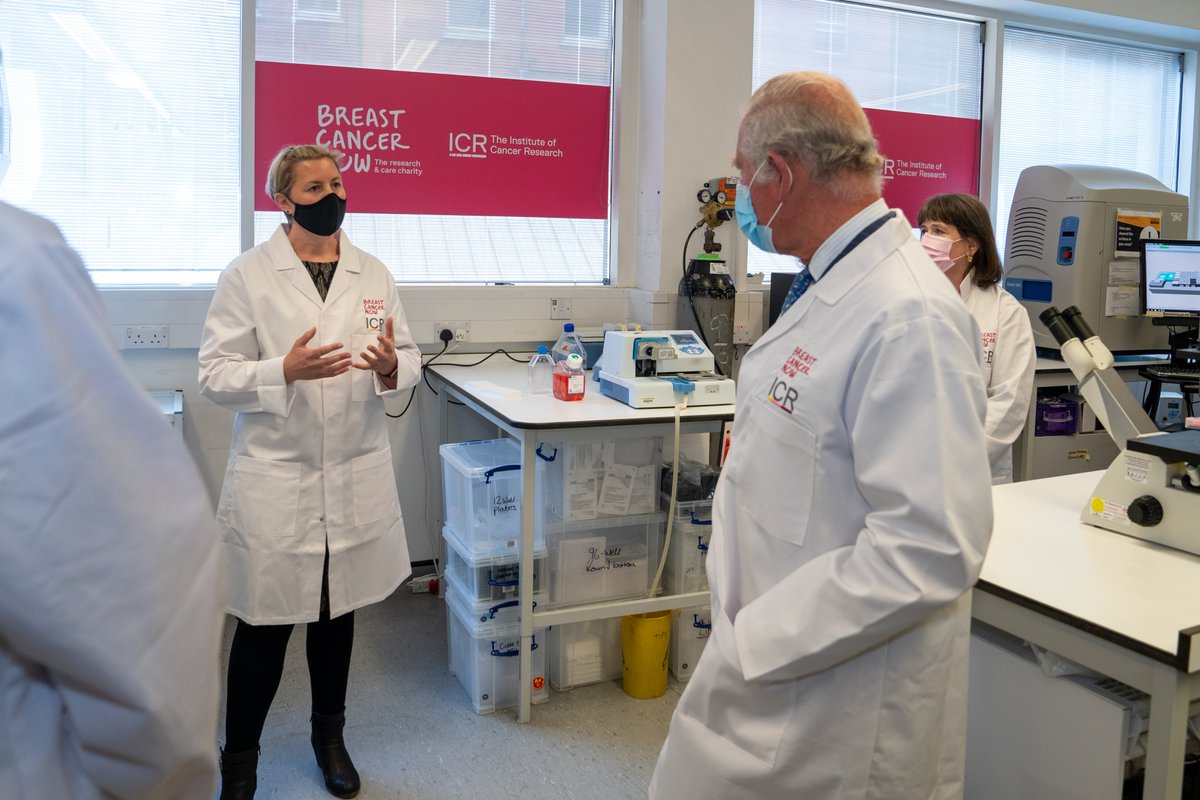 HRH The Prince of Wales speaks to a researcher in the lab during his visit to the Breast Cancer Now Toby Robins Research Centre