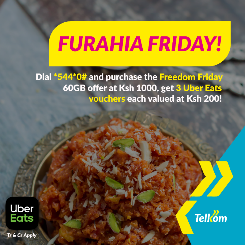 TelkomKenya's tweet photo. Long weekend kaki-come through tunaleta na MADEALS na Furahia Friday with Telkom and UberEats. Buy the #FreedomFriday 60GB bundle for 1K on the weekend &amp; get 3 @UberEATS_Kenya vouchers each valued @ Ksh 200! 60Gb bundle valid for 30days &amp; UBER Eats vouchers valid for 7days! #TGIF https://t.co/FG512UTQVs