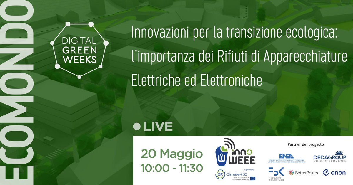 ErionSistema's tweet photo. Giovedì 20 maggio a @Ecomondo #Erion racconterà @InnoWeee, il progetto europeo di cui è partner. Focus dell’evento: il ruolo dei #RAEE nella transizione ecologica del #GreenDeal europeo. Iscriviti qui: https://t.co/d685YwiBy5 @ENEAOfficial @DEDAGROUP_ICT @FBK_research @ClimateKIC https://t.co/Swzmn7B251