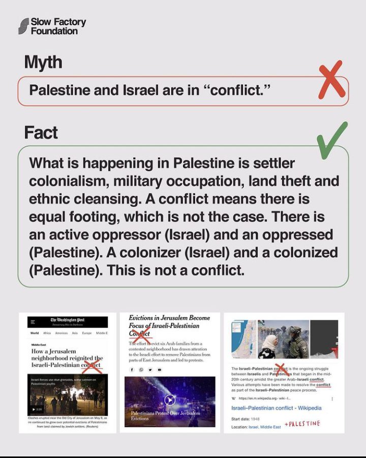 IrePalestine's tweet photo. Language matters. What is happening in Palestine is not merely "conflict" but it is the result of an oppressive colonial power attempting to demographically engineer &amp; subjugate the indigenous Palestinian population through colossal military force. #FreePalestine #GazaUnderAttack https://t.co/BX4ESAOaTf