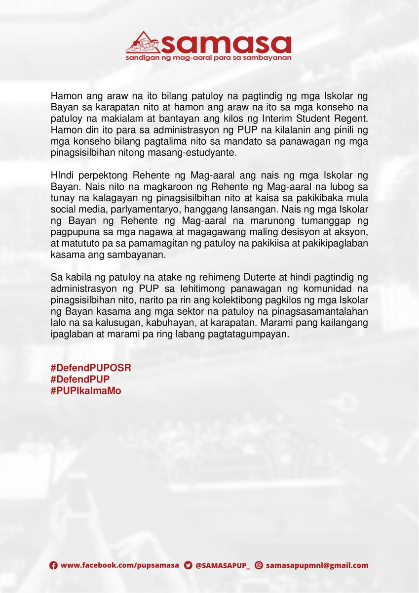 SAMASAPUP_'s tweet photo. Basahin ang buong pahayag:
Kinikilala ng SAMASA PUP ang desisyon ng mga konseho sa PUP sa pagpili nito sa Interim Student Regent na kakatawan sa mga Iskolar sa PUP Board of Regents sa loob ng ilang buwan.
#DefendPUPOSR
#DefendPUP
#PUPIkalmaMo
(2/2) https://t.co/MbWE14sW8v