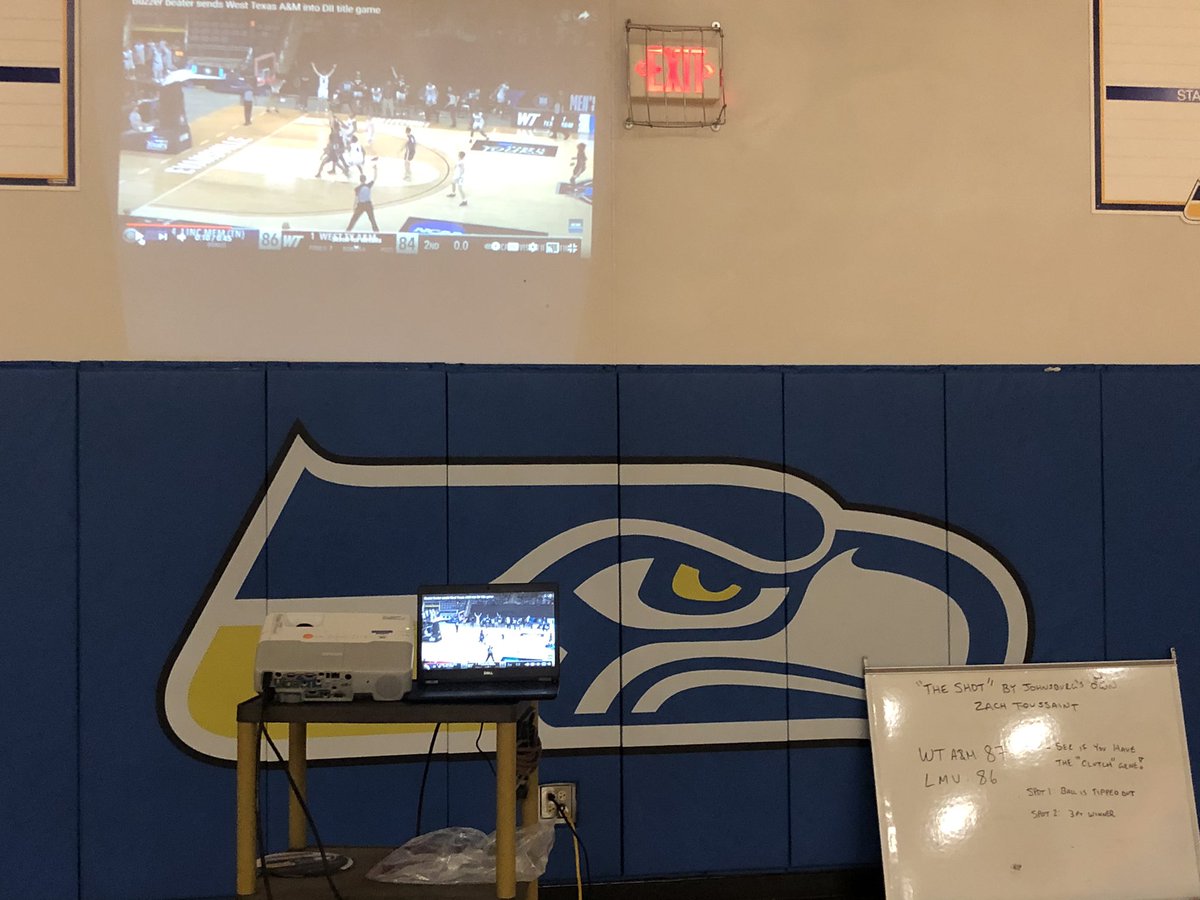 Preview of today’s basketball skills challenge. Recreation of “The Shot”. More will follow today, <a href="/ztouss14/">Zach Toussaint</a> will have to judge today’s contestants. #JohnsburgPE