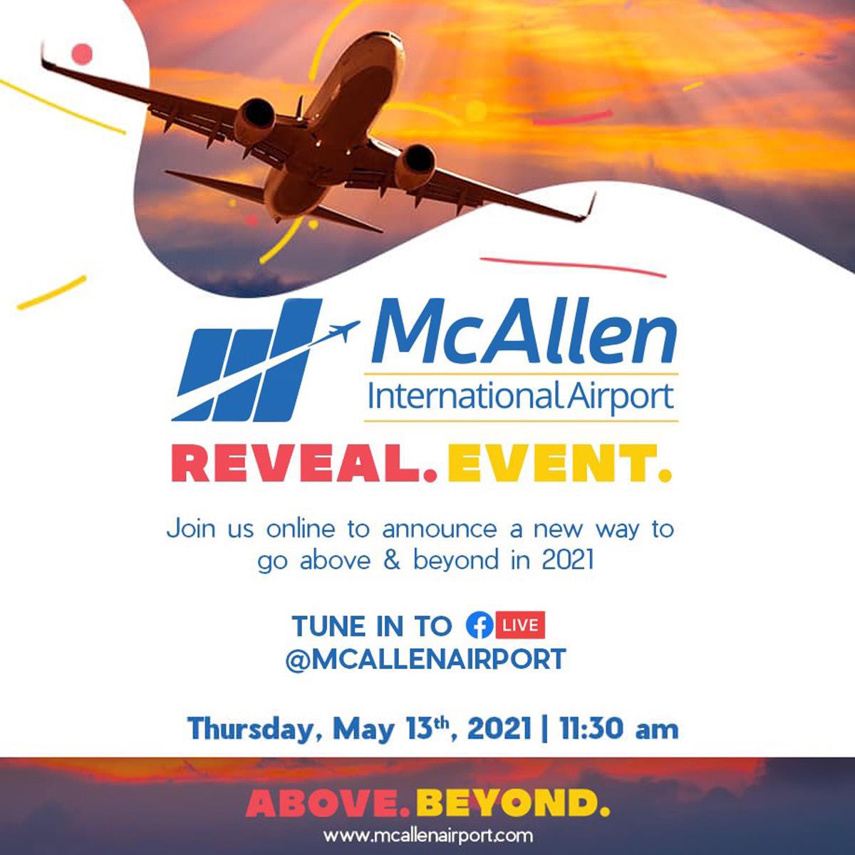 We’re extremely excited about today's event to announce some big news for McAllen International Airport travelers and the Rio Grande Valley! Tune in as we go live on Facebook for the big news starting at 11:30AM!
facebook.com/McAllenAirport
#flyMFE #AboveAndBeyond #MFERevealEvent