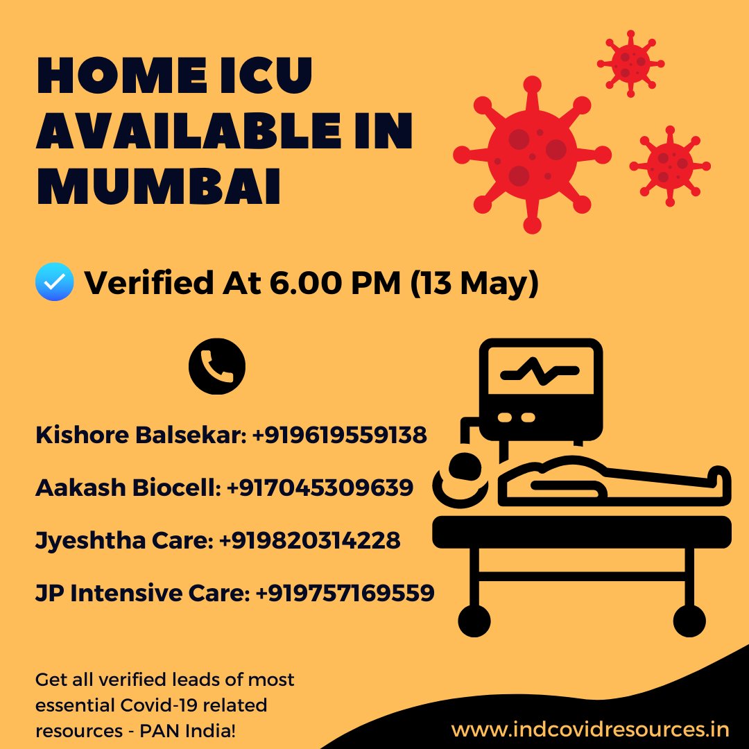 ResourcesInd's tweet photo. Home #ICU are available in #Mumbai

Data verified by us at
6:00 PM ✅

Note: If mobile no. can not be reachable then prefer WhatsApp Message 🙏

#COVID19 #COVIDEmergency #Covid19IndiaHelp #Oxygen #BedsAvailability https://t.co/nAWutCs0NK