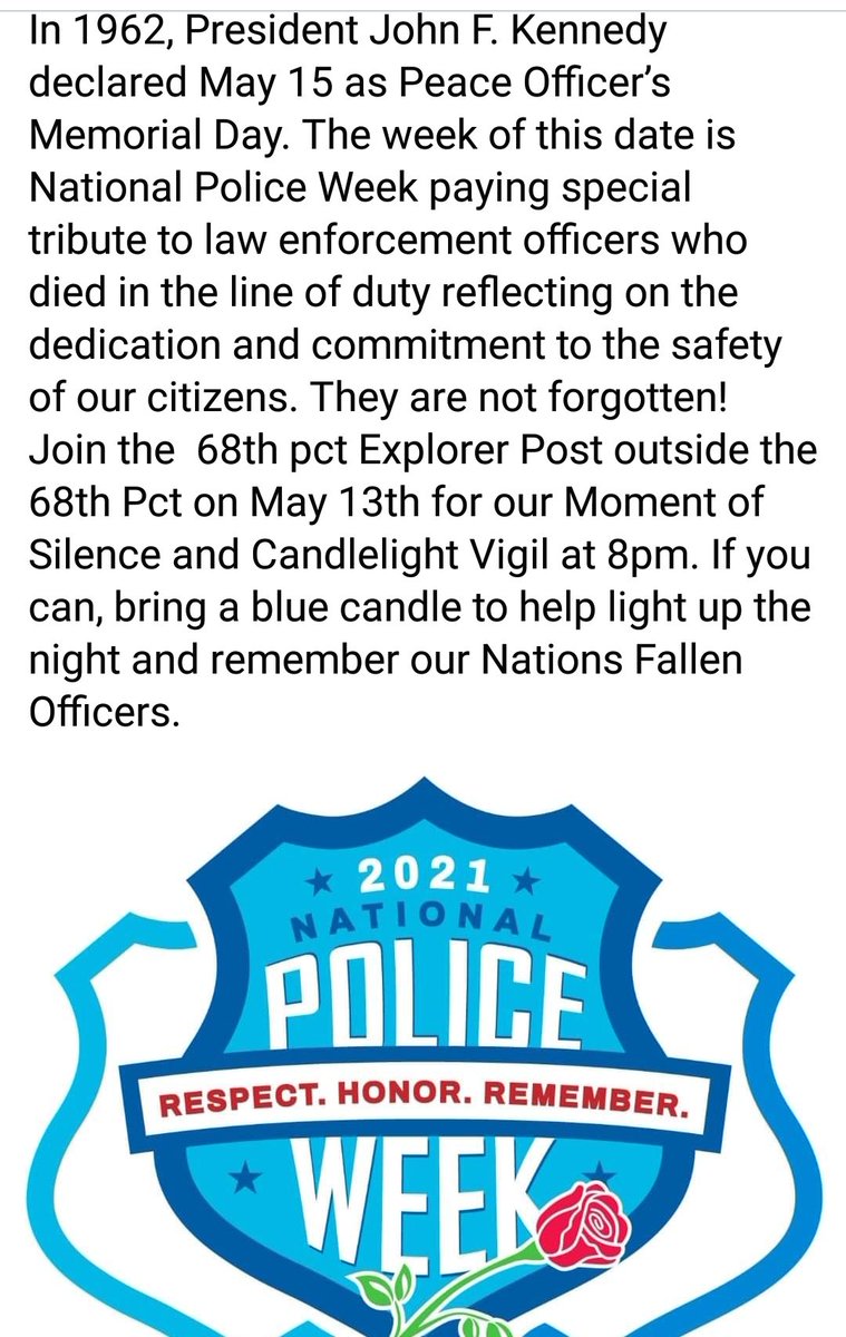 NYPD68Pct's tweet photo. Join our Explorer #Post2268 tonight at 8pm for a vigil in front of the 68pct as they pay tribute and remember all of the Nations falling Officers. https://t.co/wYGEX65cs9