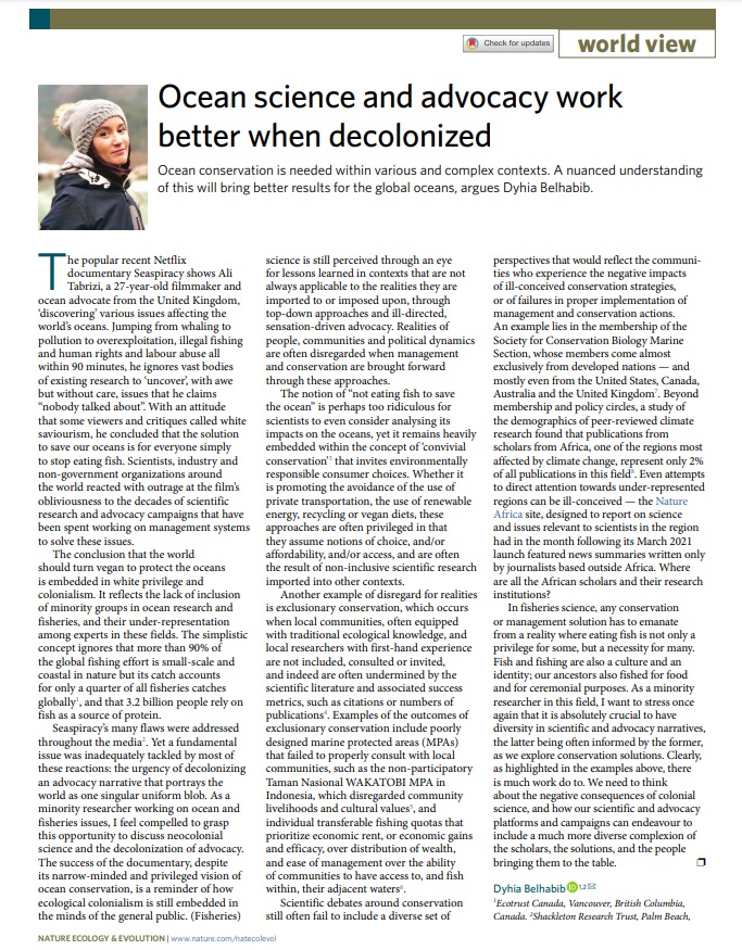 Ocean science and advocacy work better when decolonized nature.com/articles/s4155… World View from @dyhiapadilla on the need for a diverse and nuanced approach to ocean conservation in response to #Seaspiracy.