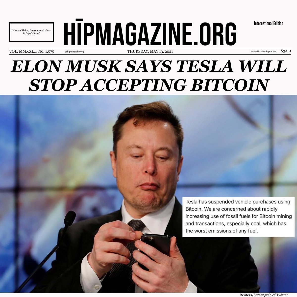 $365 Billion pulled from cryptocurrency after Elon Musk tweets that Tesla will no longer accept Bitcoin for payments.