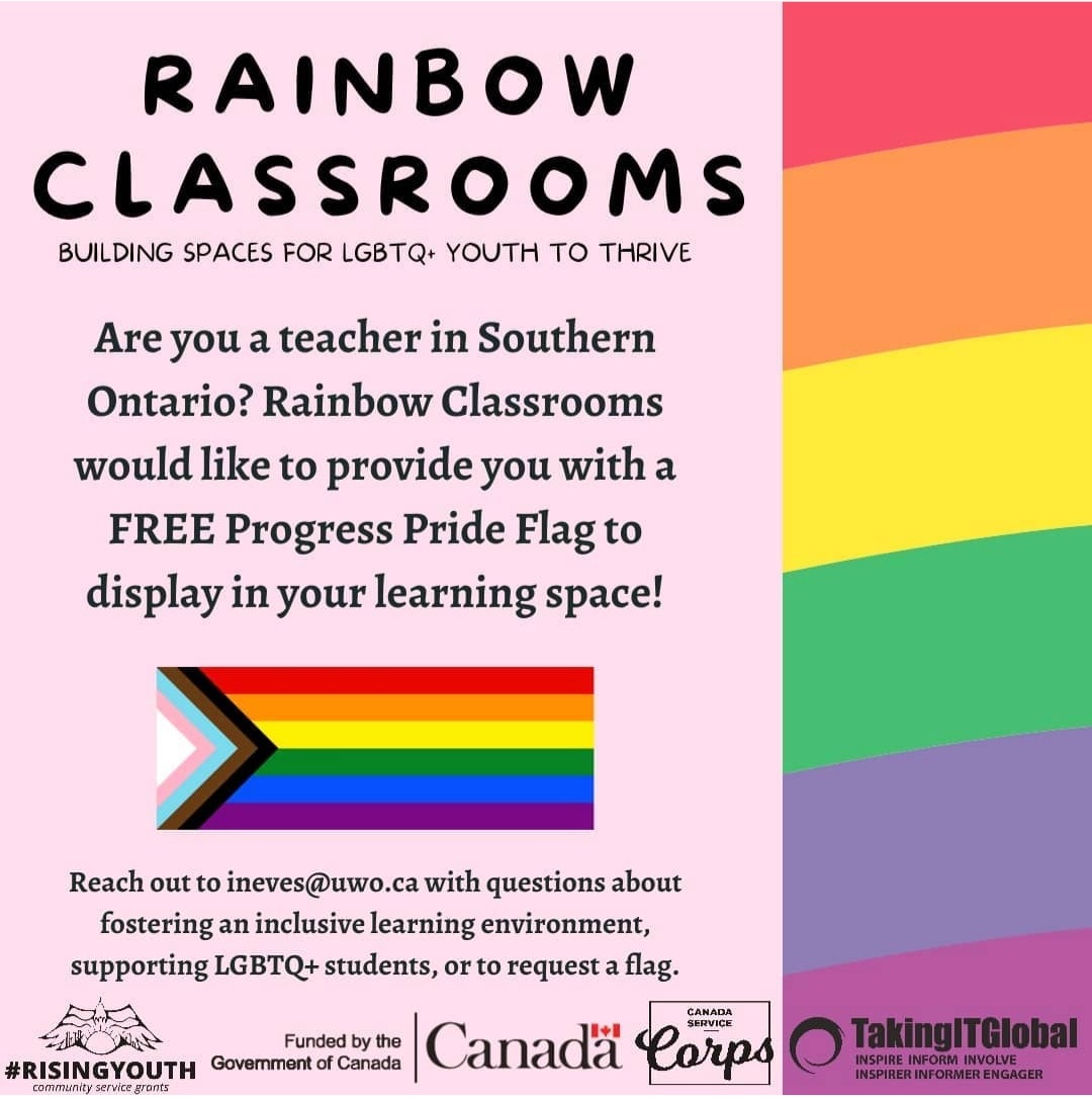 Calling all staff in @TVDSB! Rainbow Classrooms is generously donating Progress Pride Flags to staff working to affirm 2SLGBTQ+ identities! See image for how to request a flag. Huge thanks to Rainbow Classrooms for this incredible opportunity!