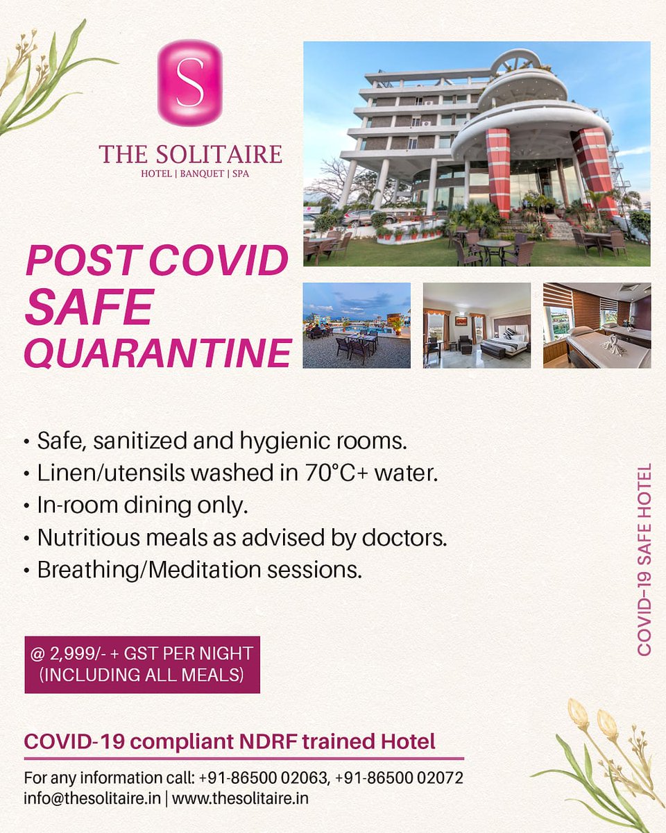TheSolitaireDDN's tweet photo. Safely quarantine post recovering from covid in the peaceful surroundings of #TheSolitaireHotel

We are committed to create a hygienic and safe environment for your period of quarantine. 

For any information:
+91-8650002063, +91-8650002072
🌐 https://t.co/Bnk1OcfTjD https://t.co/EqF8ewgFb1