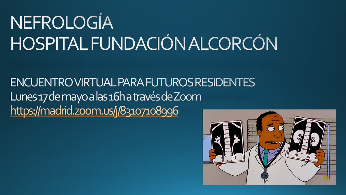 HufaNefrologia's tweet photo. Futuros nefrólogos! Si aún tenéis dudas sobre la especialidad o sobre nuestro hospital, el lunes 17 a las 16h os las respondemos en nuestra reunión virtual! Os esperamos!
https://t.co/WjUZZDFYFM
#MIR21 #MIR #Nefrologia #MIR2021 @SENefrologia https://t.co/xAy8pCI7xo
