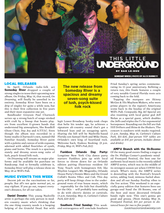 <a href="/OrlandoWeekly/">@orlandoweekly.bsky.social</a>'s #ThisLittleUnderground this week: <a href="/SomedayRiver/">Someday River</a>'s new album + concert previews of <a href="/danieljdonato/">Daniel Donato</a> at <a href="/willspub/">Will's Pub</a>, <a href="/FUNKBOXNYC/">FUNKBOX NYC</a> Orlando day party, <a href="/JessicaPawli/">Jessica Pawli</a>'s SFS (w returns by Skinny McGee &amp; Big Jef Special) and <a href="/TheShBooms/">The Sh-Booms</a> at <a href="/DrPhillipsCtr/">Dr. Phillips Center</a> #Orlando