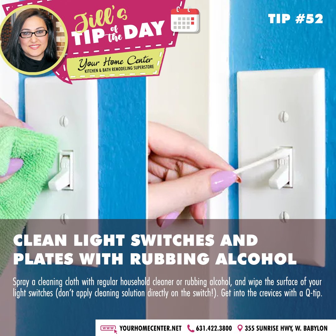 YourHomeCtr's tweet photo. #JILLSTIPOFTHEDAY | Think of how many times your hands touch your light switch. Quickly remove built up dirt with a q-tip and some alcohol. https://t.co/GorSp3SSlq | 631.422.3800 #hitthelights #cleanswitch #orjustgetaclapper https://t.co/GqNOQIYmQn