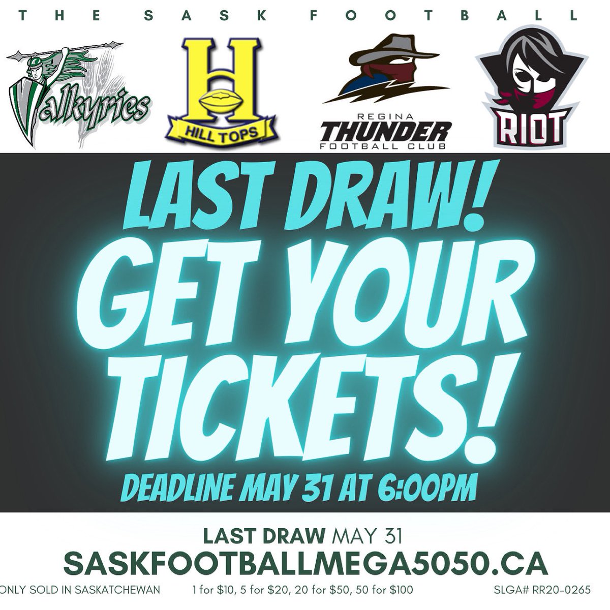 reginathunder's tweet photo. Get. Your. Tickets!

Thanks for your support of the Sask Football Mega Lottery. Our last draw is May 31. Proceeds help support all four teams as we prepare to return to the field sometime soon. 

https://t.co/btgCNDr6sq

@SaskHilltops @ReginaRiot @ValkyriesYXE @reginathunder https://t.co/yZfZZMUSIf