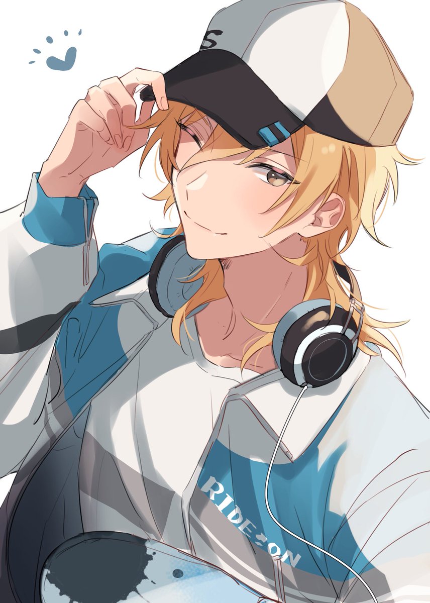 male focus hat 1boy headphones headphones around neck blonde hair one eye closed  illustration images