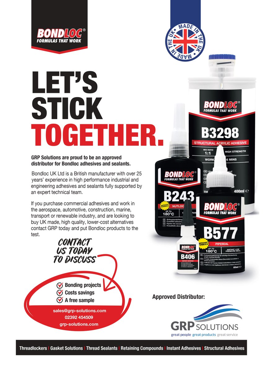 GRP Solutions Limited (@grpsolutionsltd) on Twitter photo <a href="/GrpSolutionsLtd/">GRP Solutions Limited</a> is proud to deliver <a href="/BondlocUK/">Bondloc UK Ltd 🇬🇧</a>'s extensive range of structural and engineering adhesives.
For further information, technical advice and product sampling please email sales@grp-solutions.com
#bondingsolutions #letssticktogether <a href="/GrpSolutionsLtd/">GRP Solutions Limited</a> is proud to deliver <a href="/BondlocUK/">Bondloc UK Ltd 🇬🇧</a>'s extensive range of structural and engineering adhesives.
For further information, technical advice and product sampling please email sales@grp-solutions.com
#bondingsolutions #letssticktogether