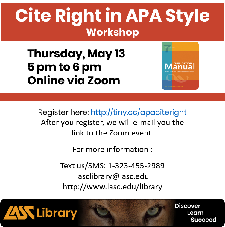 LASCLibrary's tweet photo. @LASCCougars! Don't forget APA workshop today at 5 pm. Register at https://t.co/Gh60vCYM52 to get the Zoom link.
@lascpromise @lasc_sjs @lasouthwestaso @LASCCampus https://t.co/9CnMy3kiv2