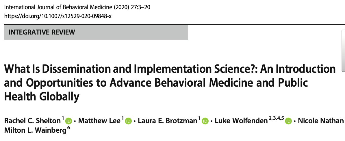 DrRachelShelton's tweet photo. Honored that our #impsci paper in @IJBMed was awarded the inaugural Springer Award for Excellence in Publication in Behavioral Medicine for 2020! Thanks to my awesome co-authors for their contributions-yippee! @NicoleKNathan @LukeWolfenden @DrMatthewLee @BrotzmanLaura @MWainberg https://t.co/eexmqnf1f3