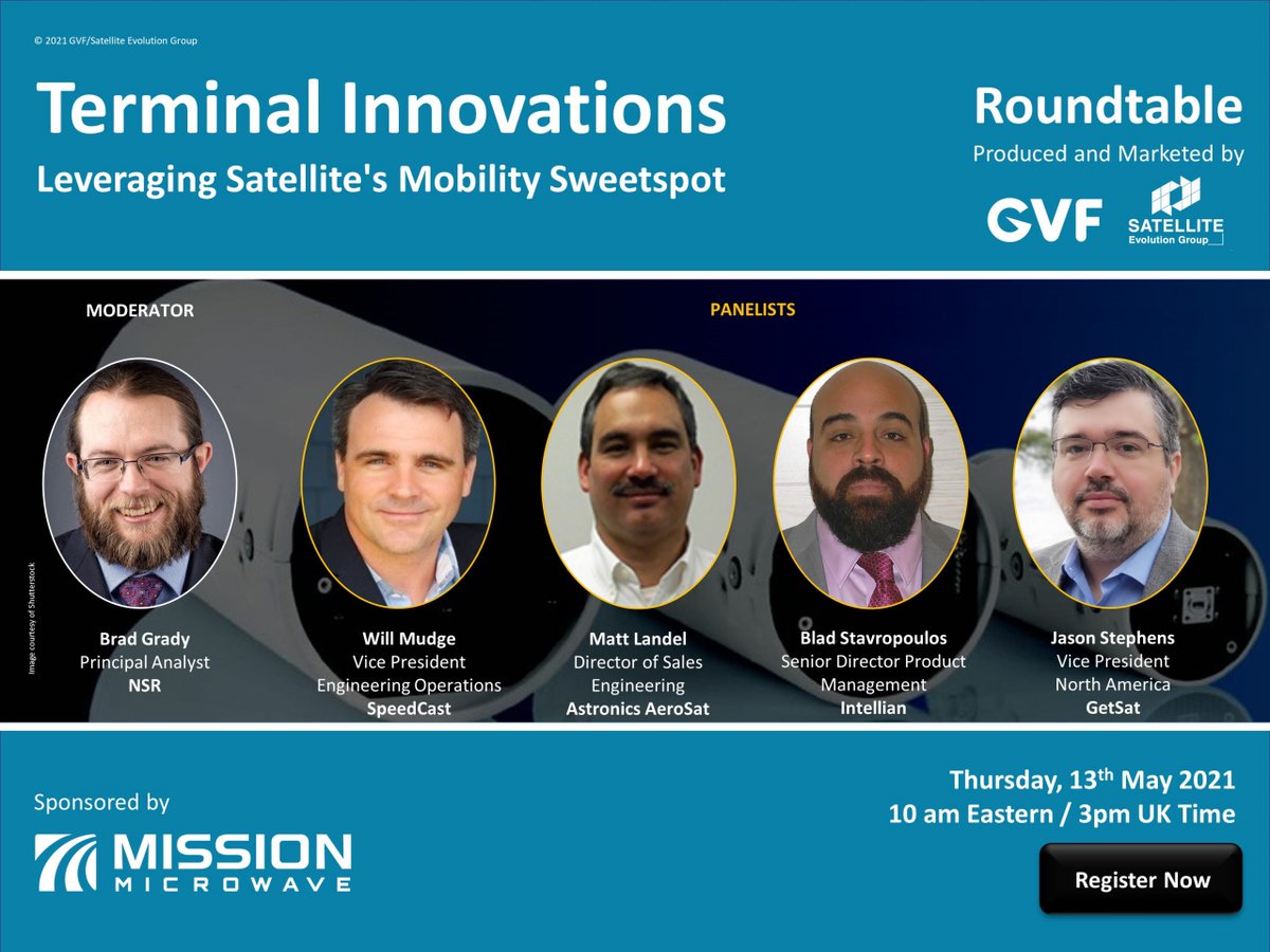 NSR_SatCom's tweet photo. Starting right now: the "Terminal Innovation: Leveraging Satellite’s Mobility Sweetspot" webinar, moderated by NSR Principal Analyst, Brad Grady. Register now at - https://t.co/8cox8ndlJn #NSRinsights #GVF #MobilitySatcom @NSRGrady https://t.co/zQsTlt9St9
