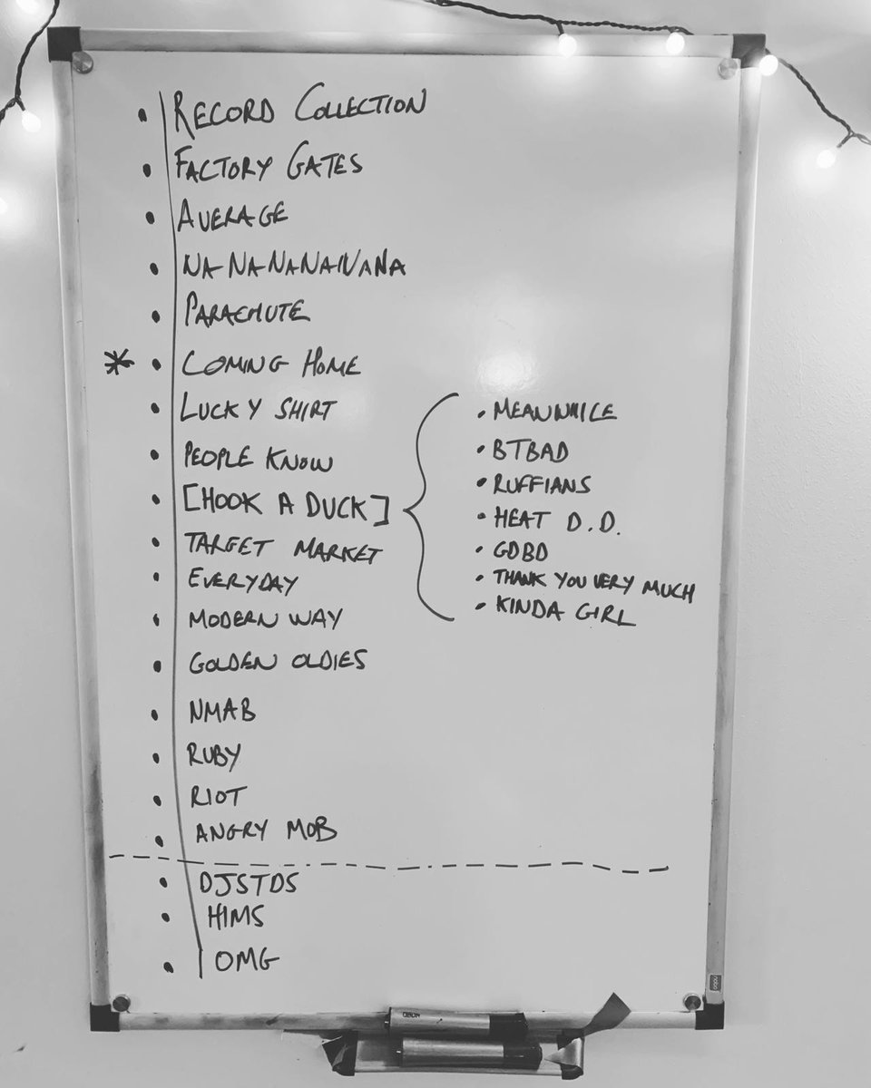KaiserChiefs's tweet photo. Got back into our rehearsal room recently. Been a while judging by the setlist on the board. Who remembers this? 🦆 
 #duckontour https://t.co/C9ETqLIIxv