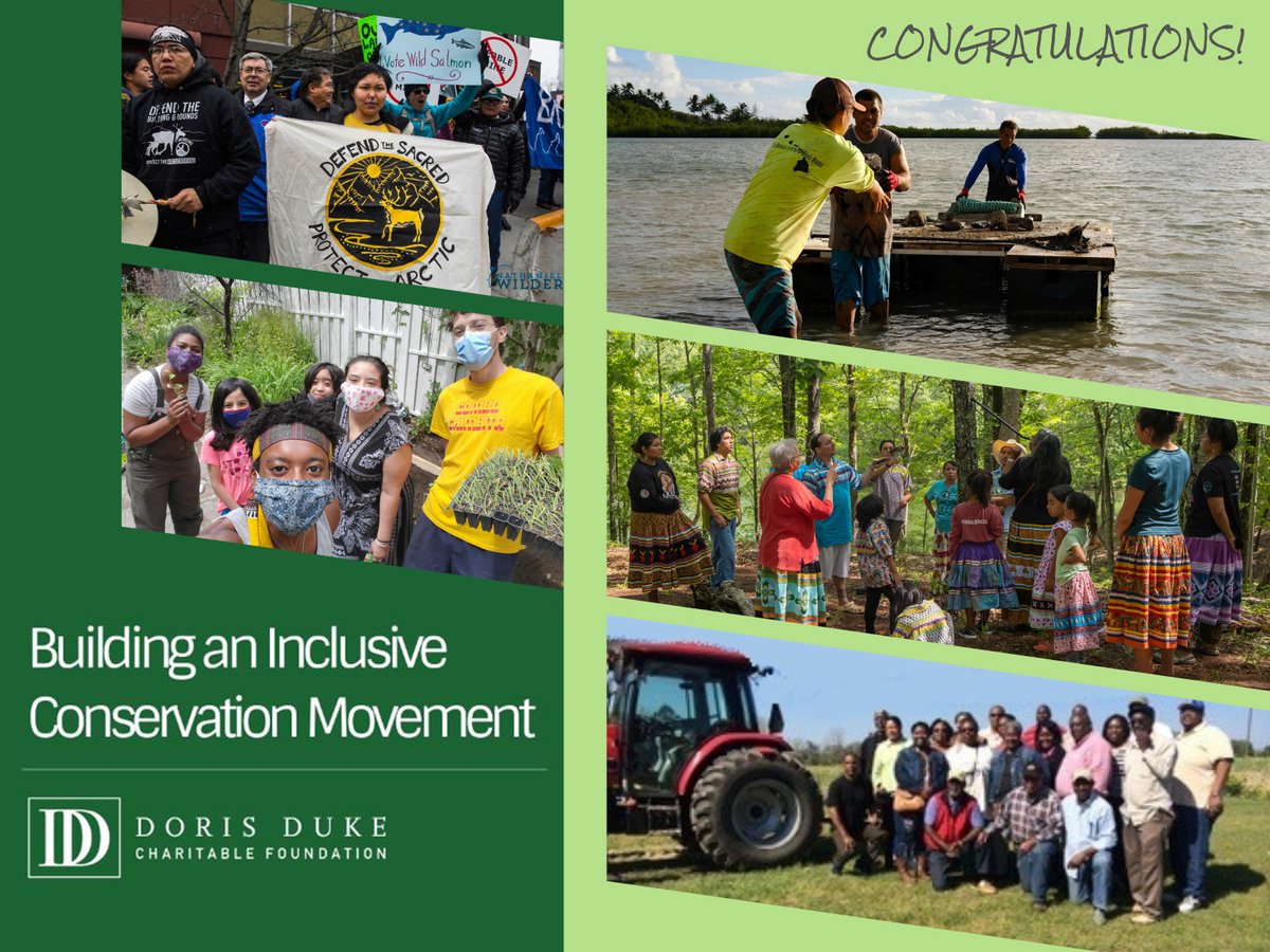 Text reads: Congratulations! Building an Inclusive Conservation Movement. Doris Duke Charitable Foundation (logo). Five images clockwise from top right: 1) Kiaʻi (stewards) pass stones at Keawanui fishpond to repair pond walls. Photo by Amber Momi Afelin, courtesy of ʻĀina Momona.; 2) Ecovillage residents at Ekvn-Yefolecv participate in traditional ecological education, during which no-English zones are enforced.  Photo courtesy of Ekvn-Yefolecv.; 3) African American farmers in the Southeast pose for a picture next to a red tractor. Photo courtesy of McIntosh S.E.E.D.; 4) Jordan, Kiani, and Soul Fire in the City volunteers prepare to build an urban garden bed. Photo courtesy of Soul Fire Farms.; 5) Land and water protectors rally through downtown Anchorage, Alaska calling to protect Indigenous sacred places. Photo courtesy of Native Movement.