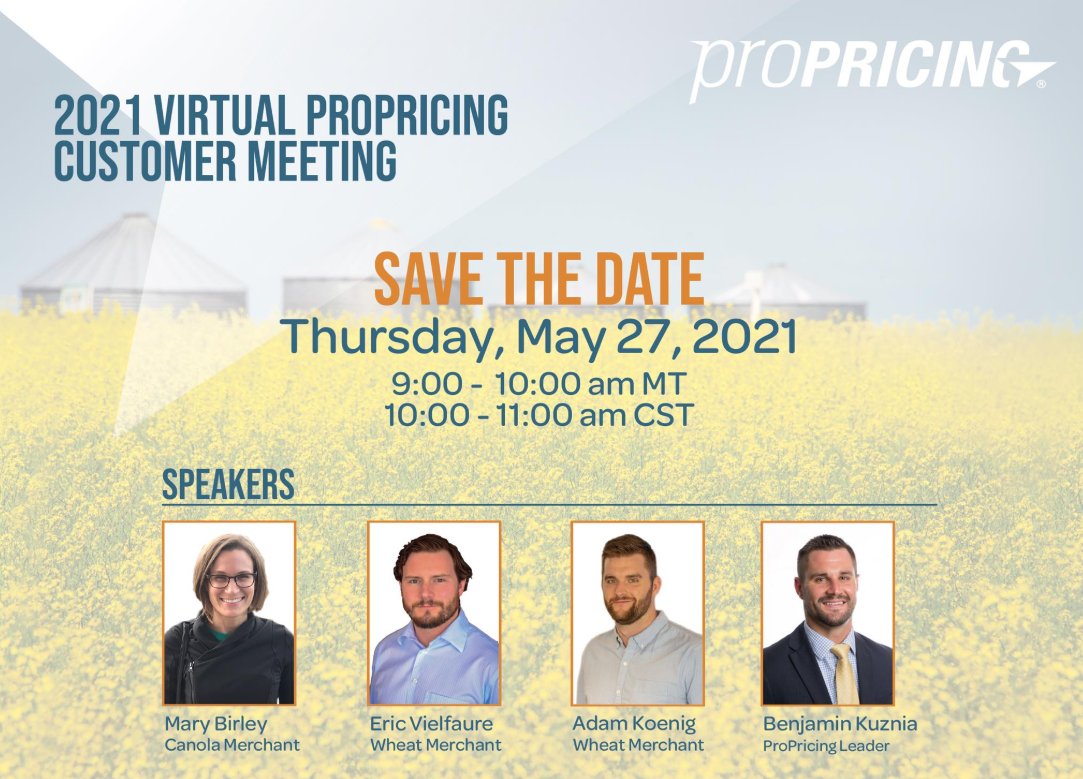 CargillAgCanada's tweet photo. #Savethedate 📣 Cargill customers are invited to join us on May 27 @ 10am CST/ 9am MT for a spring market update from our Cargill #canola and #wheat merchants. Connect with your Cargill rep or check your inbox for event registration.  #westcdnag #ProPricing https://t.co/kzSekUguBv
