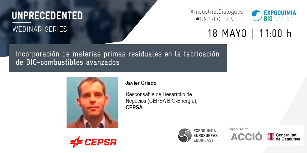 expoquimia's tweet image. 📅18may🕐11
"Incorporación de #MateriasPrimas residuales en la fabricación de BIO-combustibles avanzados. Ppales tecnologías y retos técnico-legales para el desarrollo de la #EconomiaCircular",  @Cepsa 
👉mtr.cool/ygplqwullb
@grupofertiberia  #FORESA  @limerick @Feique_ES
